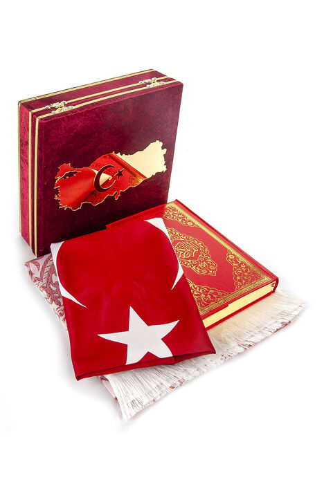 Turkey Map Flag, Velvet Boxed Quran and Prayer Rug Set Red - 2