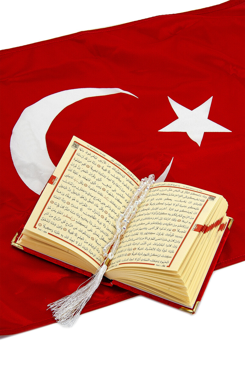 Turkish Flag Box Design Rosary Velvet Quran Set - 9