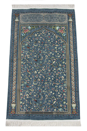 Turquoise Floral Ravza Patterned Lined Chenille Prayer Rug - 1