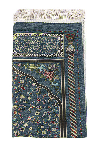 Turquoise Floral Ravza Patterned Lined Chenille Prayer Rug - 3