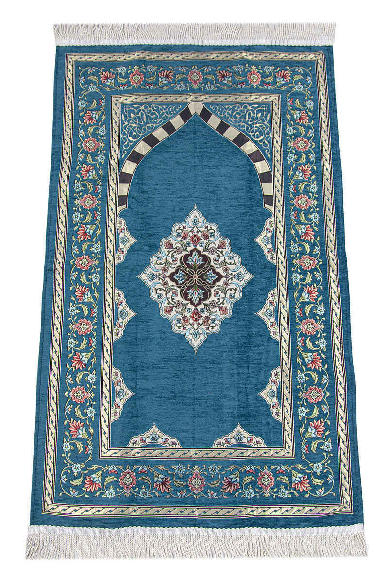 Turquoise Flower Motifed Mihrab Lined Chenille Prayer Rug - 1