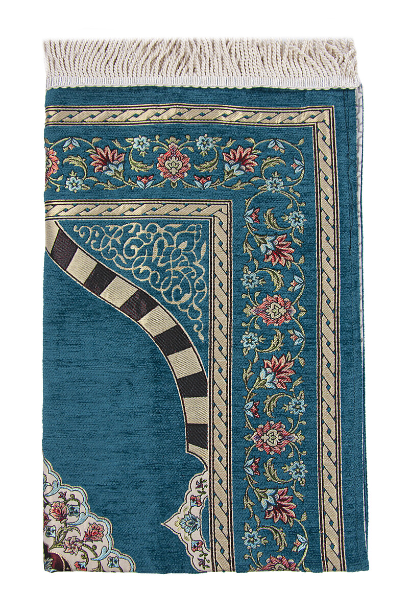 Turquoise Flower Motifed Mihrab Lined Chenille Prayer Rug - 3