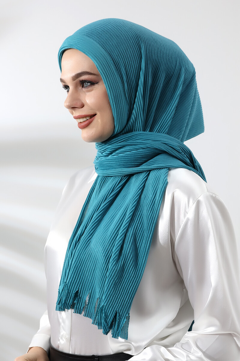 Turquoise Hijab Ready Made Practical Corded Cotton Shawl - 2