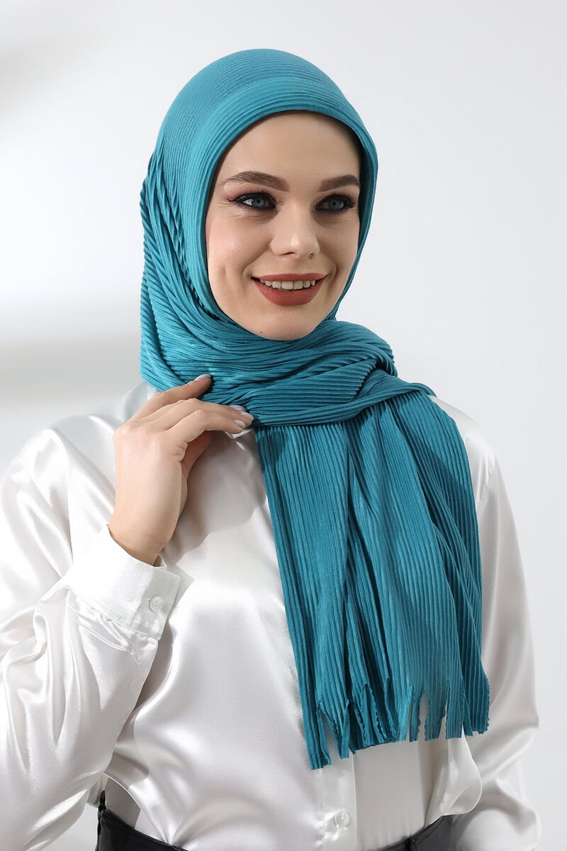 Turquoise Hijab Ready Made Practical Corded Cotton Shawl - 3