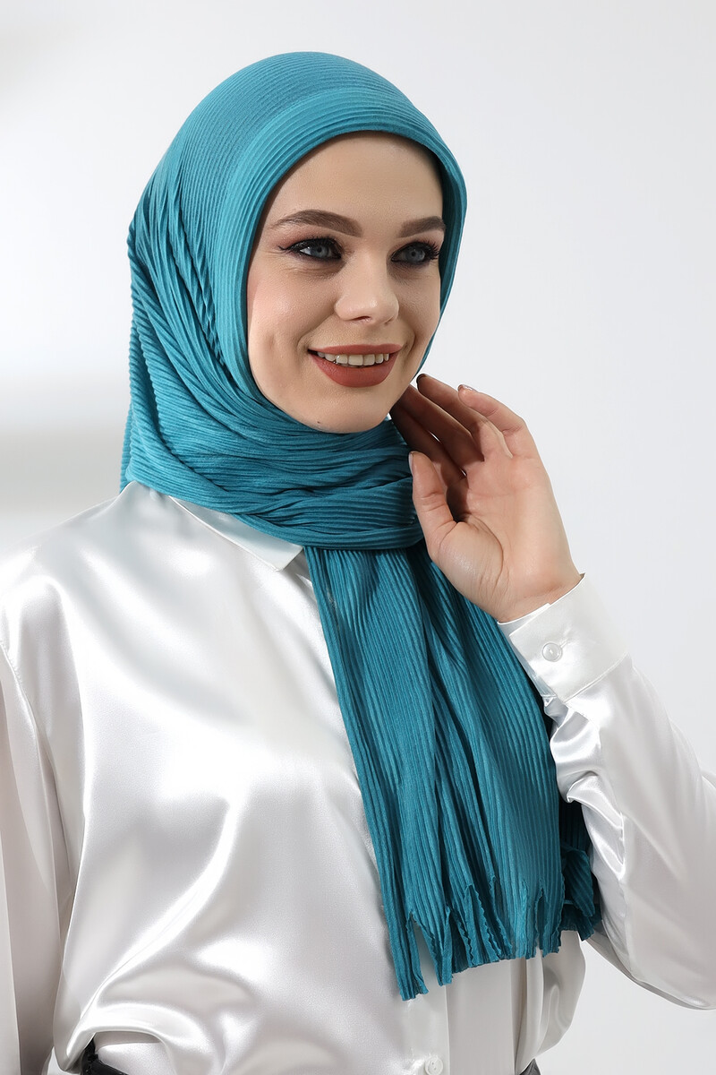 Turquoise Hijab Ready Made Practical Corded Cotton Shawl - 4