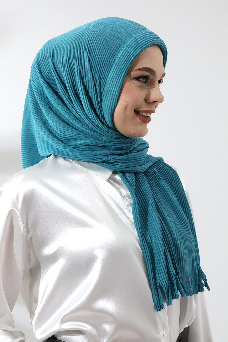 Turquoise Hijab Ready Made Practical Corded Cotton Shawl - 5