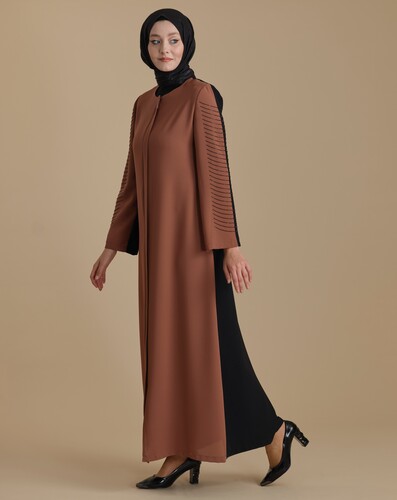 Two Colored Hijab Abaya with Stoned Hidden Zipper Sleeves - 1