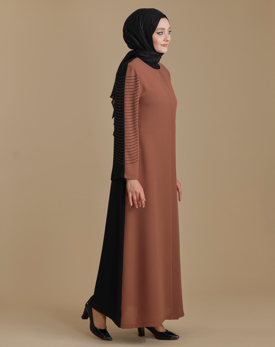 Two Colored Hijab Abaya with Stoned Hidden Zipper Sleeves - 3