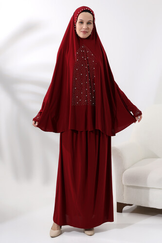 Two Piece Pearls and Stones Practical Prayer Dress 8017 Claret Red - 1