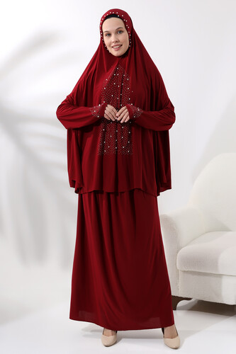 Two Piece Pearls and Stones Practical Prayer Dress 8017 Claret Red - 2