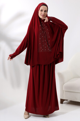 Two Piece Pearls and Stones Practical Prayer Dress 8017 Claret Red - 3