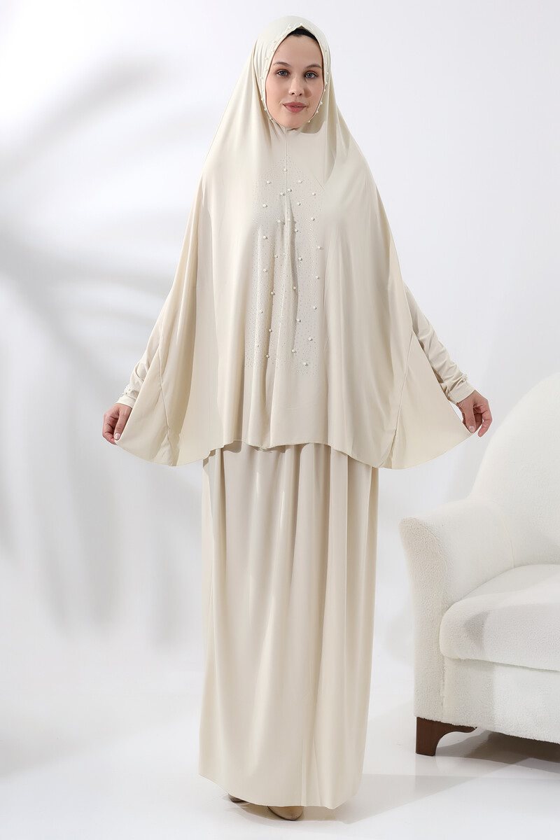 Two Piece Practical Prayer Dress with Pearls and Stones, Top and Bottom 8017 Cream - 1