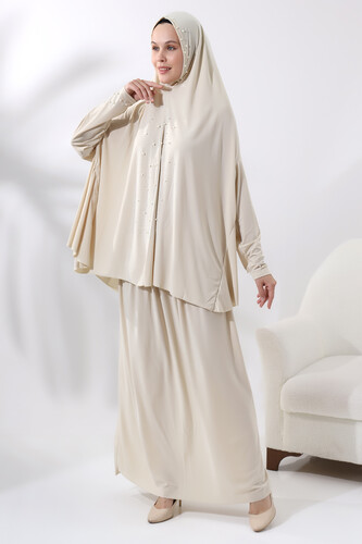 Two Piece Practical Prayer Dress with Pearls and Stones, Top and Bottom 8017 Cream - 3