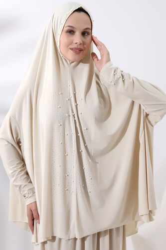 Two Piece Practical Prayer Dress with Pearls and Stones, Top and Bottom 8017 Cream - 4