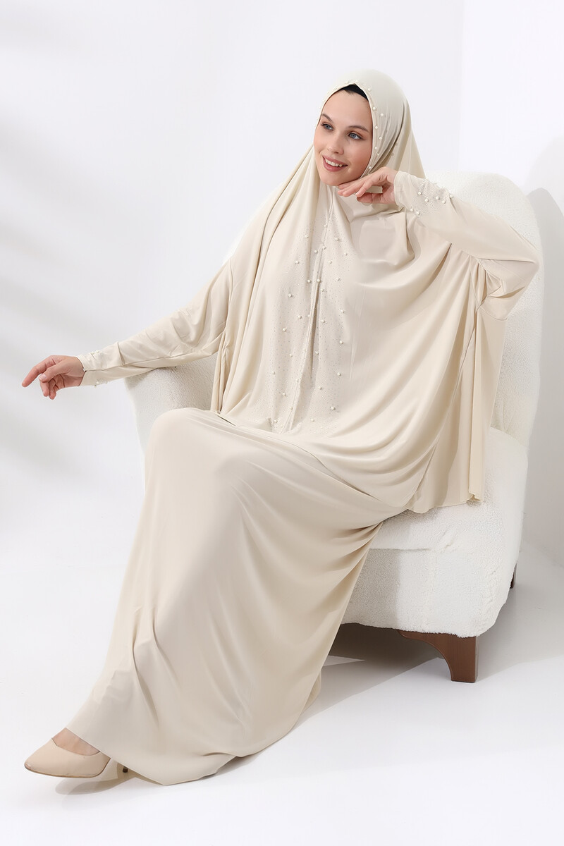 Two Piece Practical Prayer Dress with Pearls and Stones, Top and Bottom 8017 Cream - 5