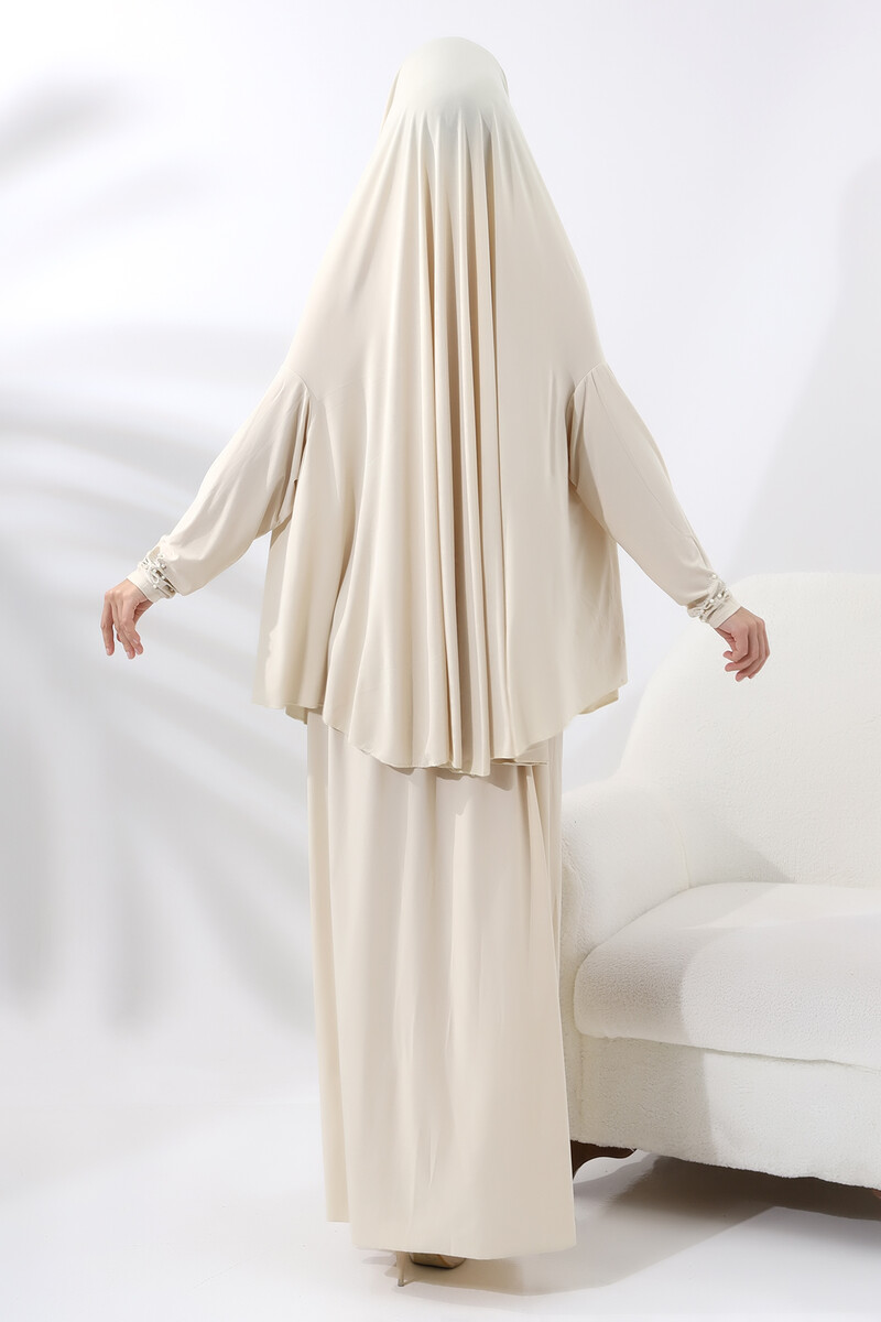 Two Piece Practical Prayer Dress with Pearls and Stones, Top and Bottom 8017 Cream - 6