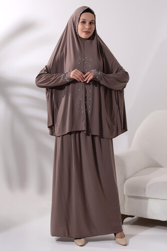 Two Piece Prayer Dress with Pearls and Stones, Bottom and Top, 8017 Milk Brown - 1