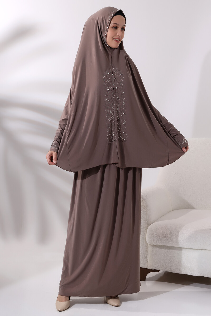 Two Piece Prayer Dress with Pearls and Stones, Bottom and Top, 8017 Milk Brown - 2