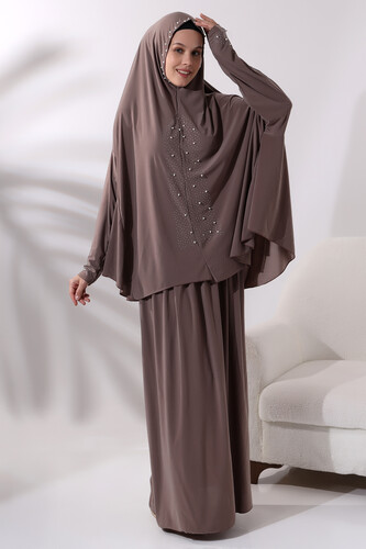 Two Piece Prayer Dress with Pearls and Stones, Bottom and Top, 8017 Milk Brown - 3