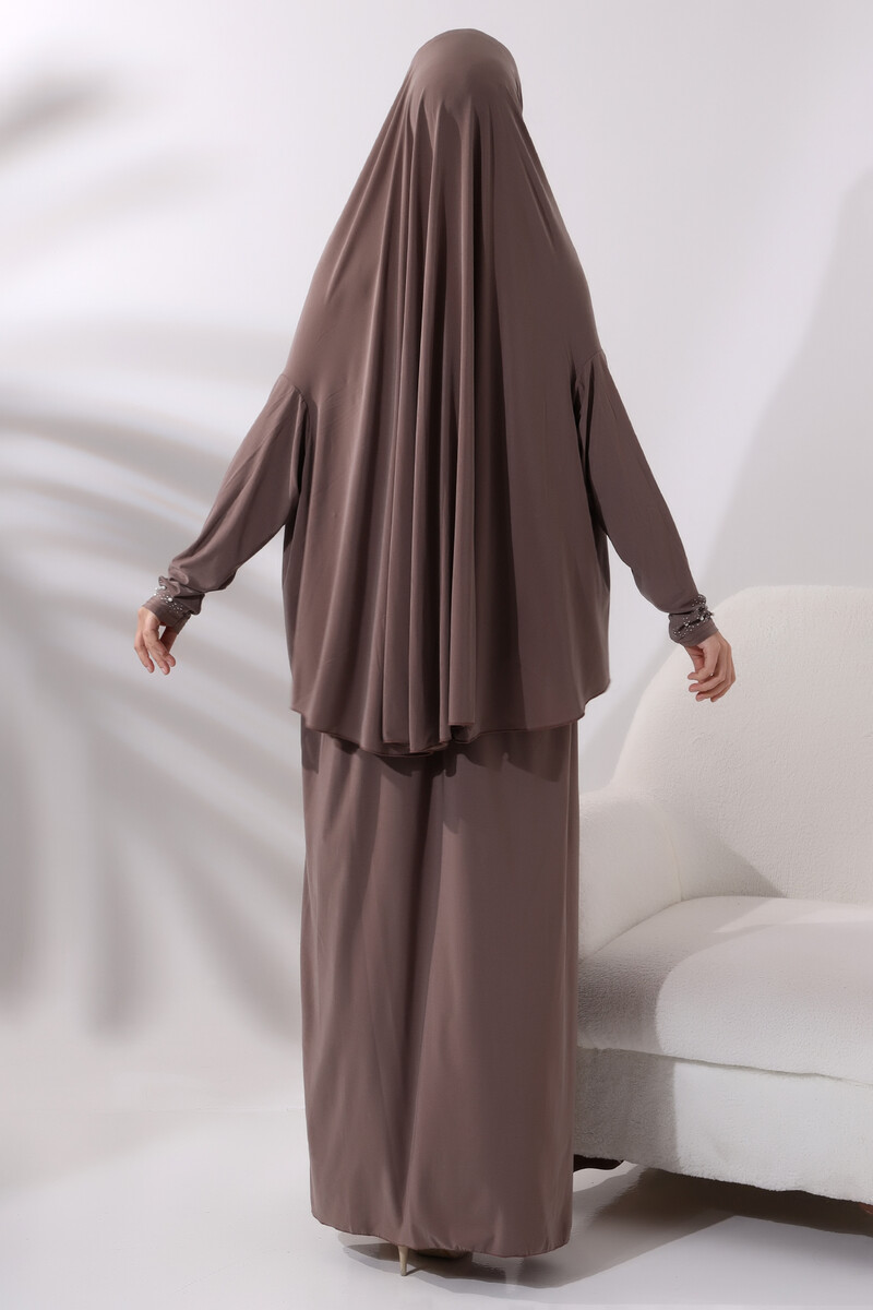 Two Piece Prayer Dress with Pearls and Stones, Bottom and Top, 8017 Milk Brown - 5