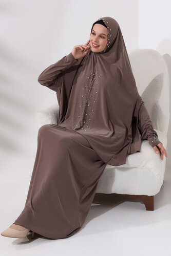 Two Piece Prayer Dress with Pearls and Stones, Bottom and Top, 8017 Milk Brown - 6