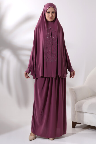 Two Piece Prayer Dress with Pearls and Stones, Bottom and Top, Prayer Dress 8017 Dried Rose - 1