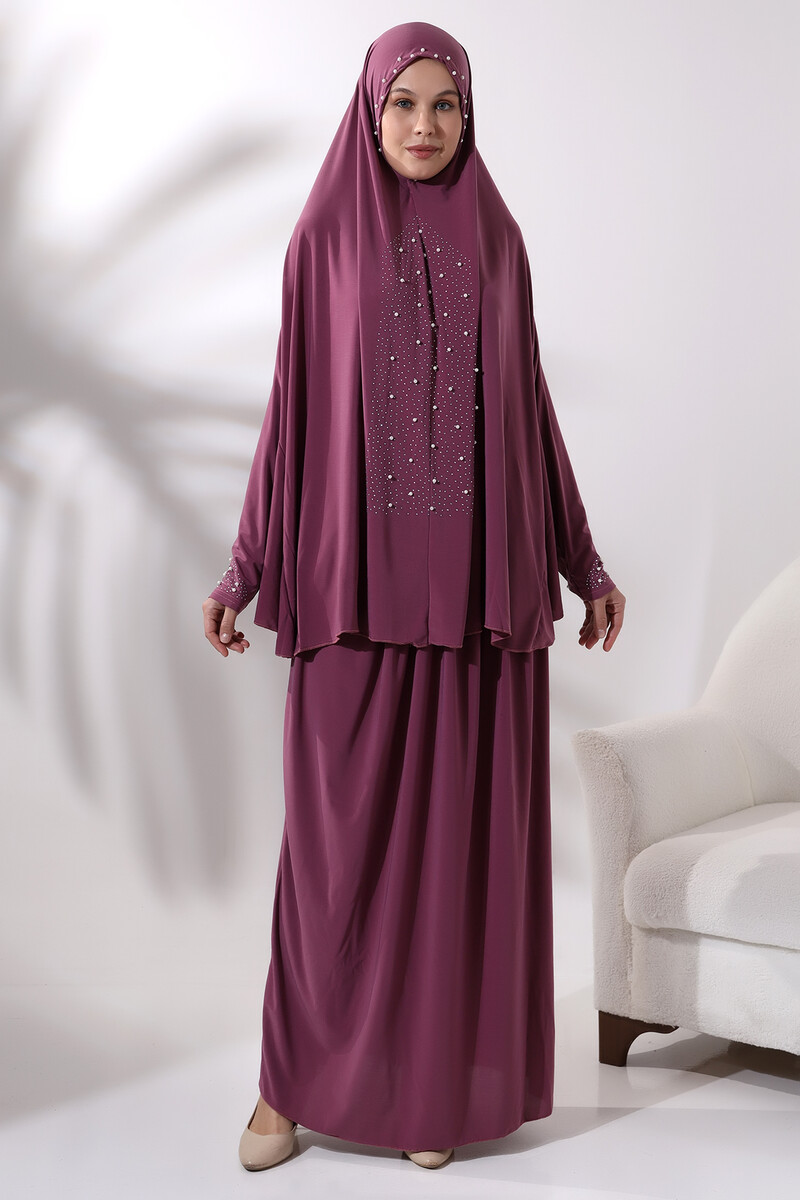 Two Piece Prayer Dress with Pearls and Stones, Bottom and Top, Prayer Dress 8017 Dried Rose - 1