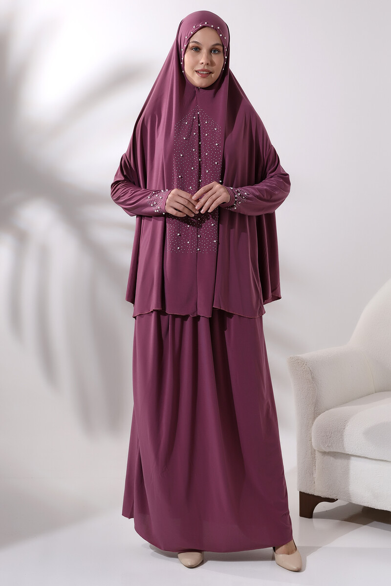 Two Piece Prayer Dress with Pearls and Stones, Bottom and Top, Prayer Dress 8017 Dried Rose - 2