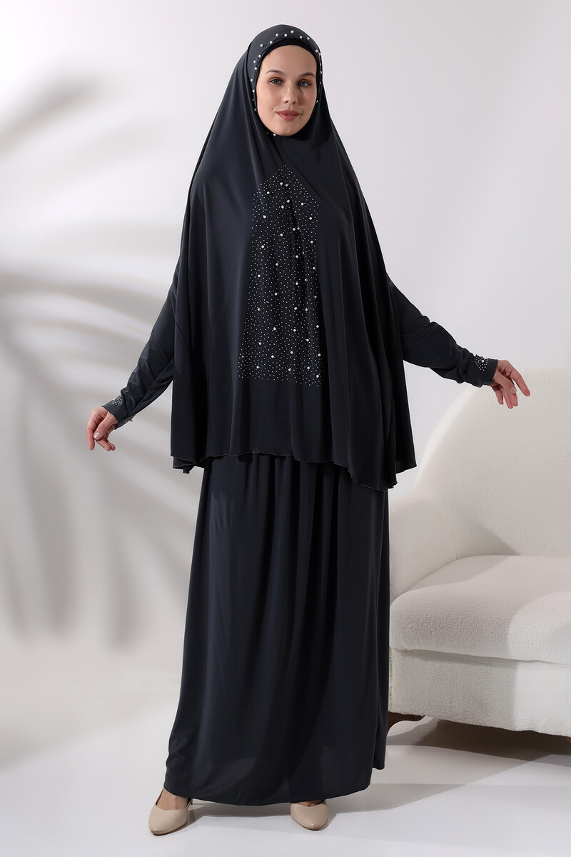 Two Piece Prayer Dress with Pearls and Stones, Top and Bottom Practical Dress 8017 Anthracite - 1