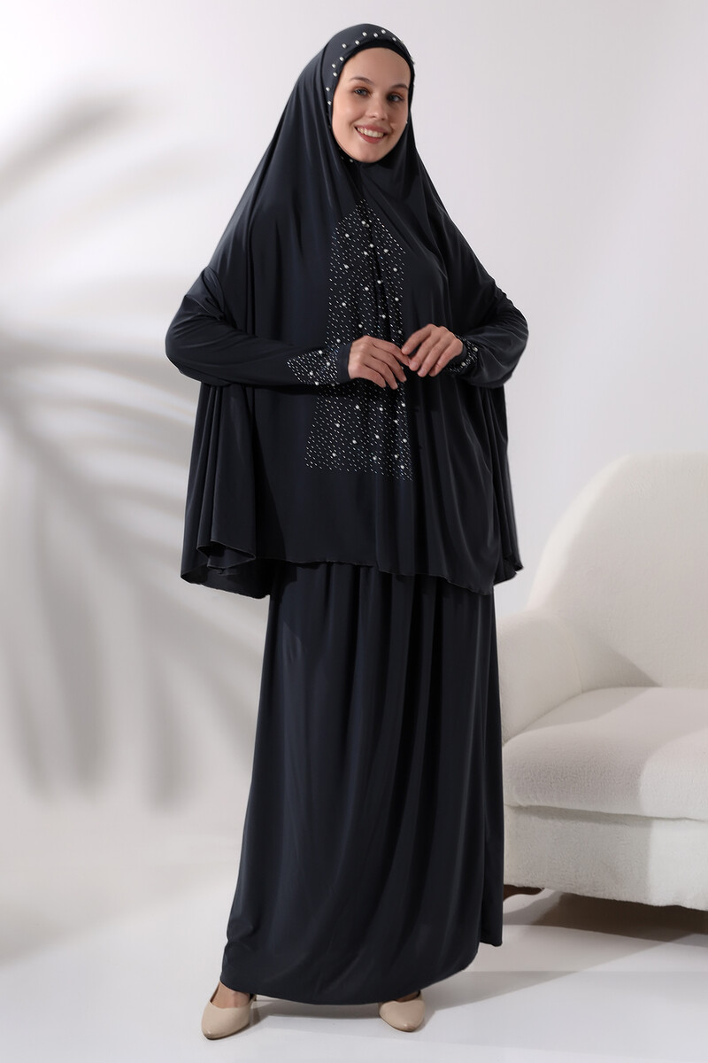 Two Piece Prayer Dress with Pearls and Stones, Top and Bottom Practical Dress 8017 Anthracite - 2