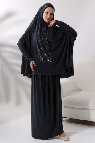 Two Piece Prayer Dress with Pearls and Stones, Top and Bottom Practical Dress 8017 Anthracite - 3