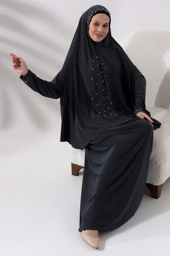 Two Piece Prayer Dress with Pearls and Stones, Top and Bottom Practical Dress 8017 Anthracite - 5