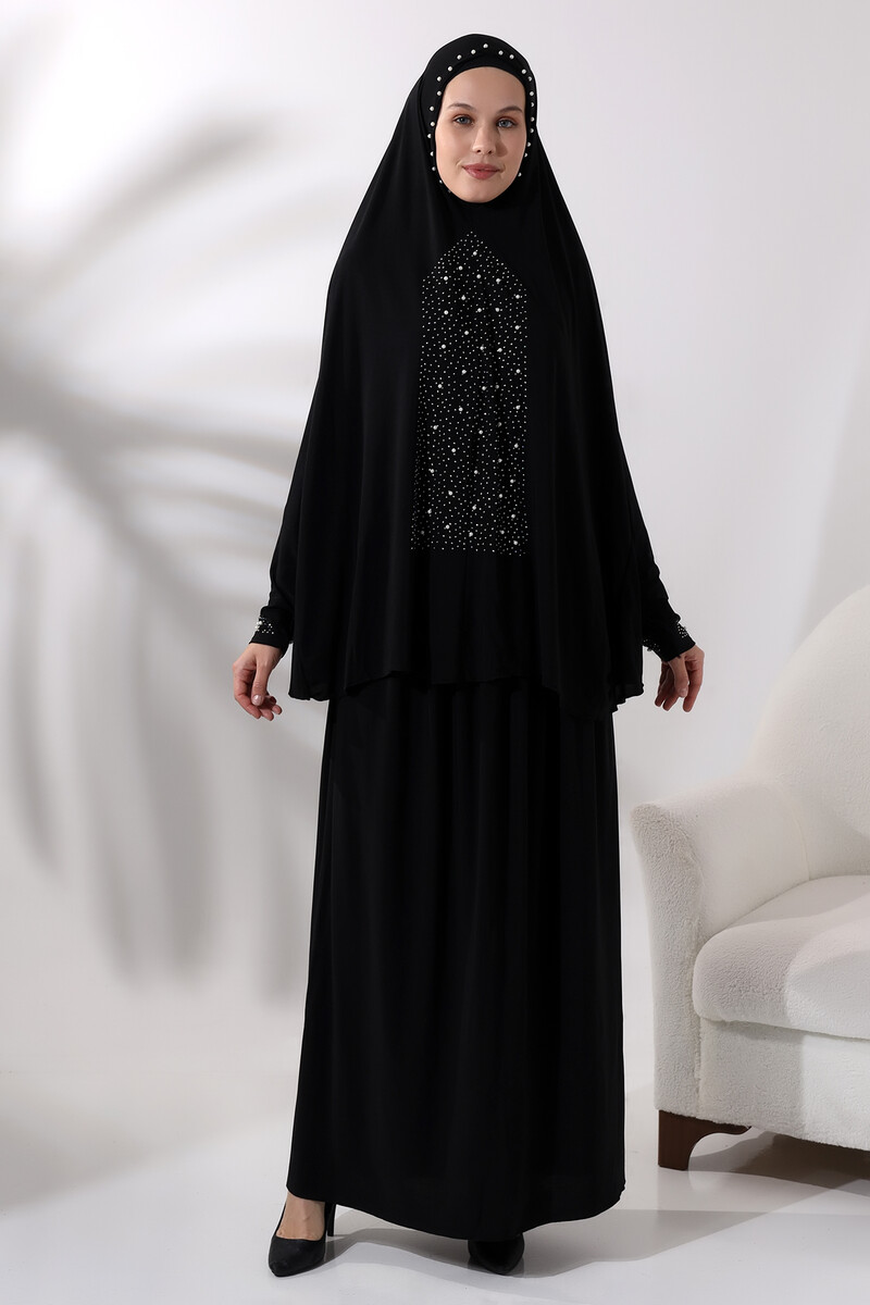 Two Piece Prayer Dress with Pearls and Stones, Top and Bottom Practical Dress 8017 Black - 1