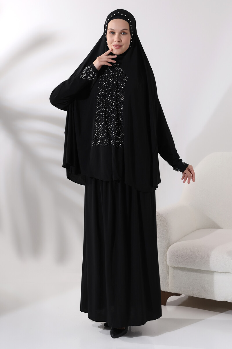 Two Piece Prayer Dress with Pearls and Stones, Top and Bottom Practical Dress 8017 Black - 2