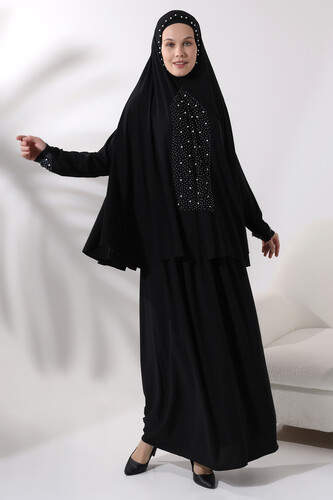 Two Piece Prayer Dress with Pearls and Stones, Top and Bottom Practical Dress 8017 Black - 3