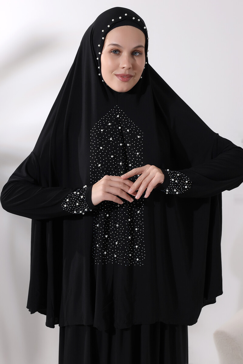 Two Piece Prayer Dress with Pearls and Stones, Top and Bottom Practical Dress 8017 Black - 4