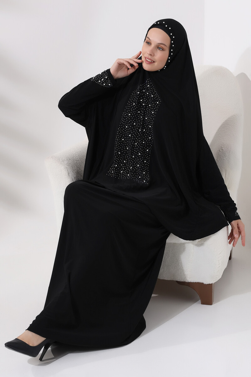 Two Piece Prayer Dress with Pearls and Stones, Top and Bottom Practical Dress 8017 Black - 5