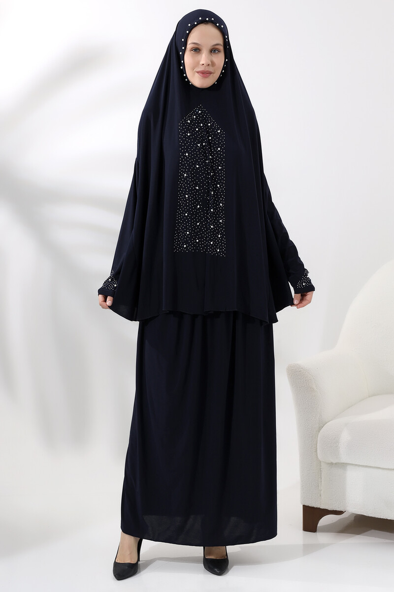 Two Piece Prayer Dress with Pearls and Stones, Top and Bottom Practical Dress 8017 Navy Blue - 1