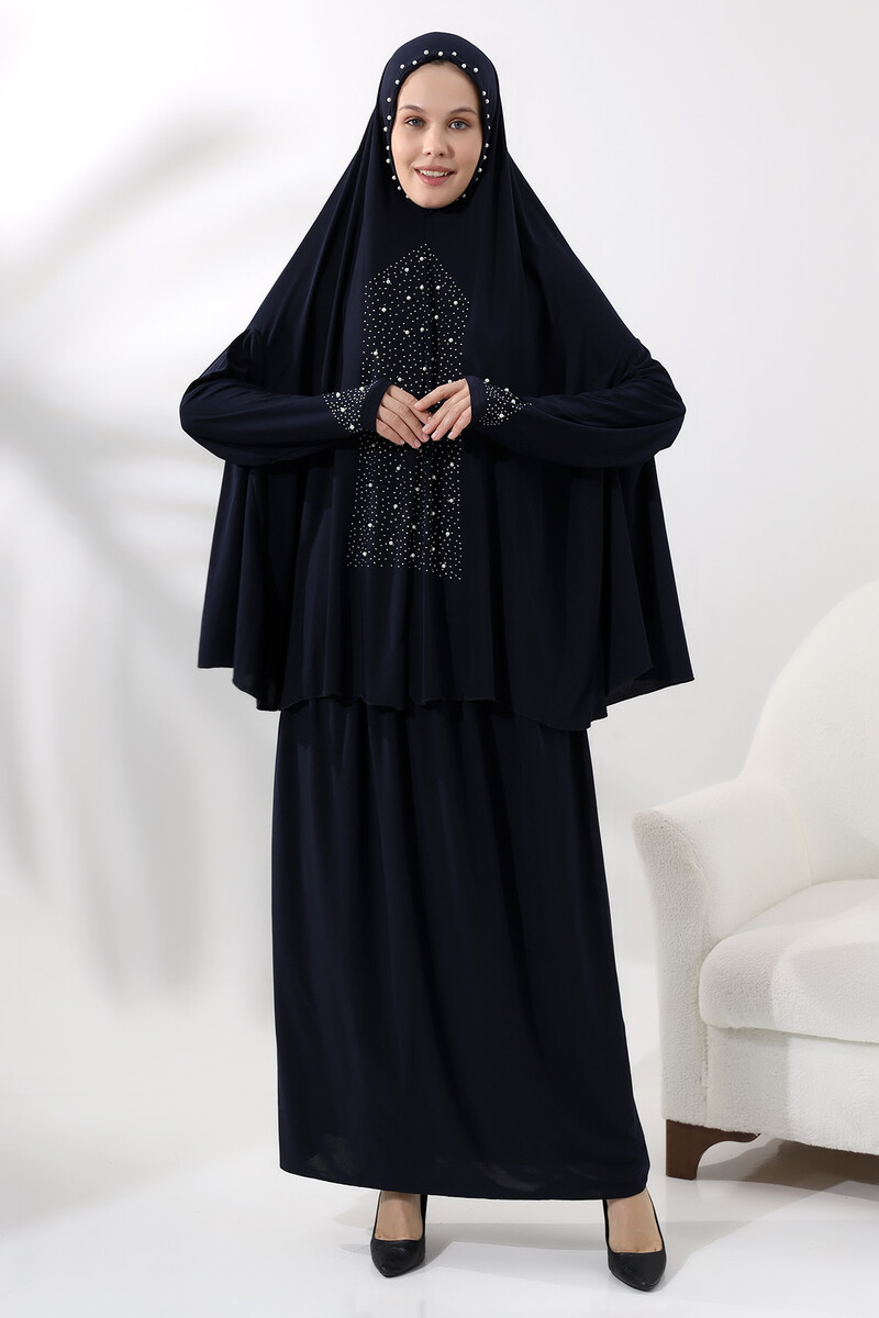 Two Piece Prayer Dress with Pearls and Stones, Top and Bottom Practical Dress 8017 Navy Blue - 2