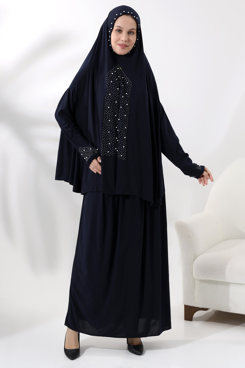 Two Piece Prayer Dress with Pearls and Stones, Top and Bottom Practical Dress 8017 Navy Blue - 3