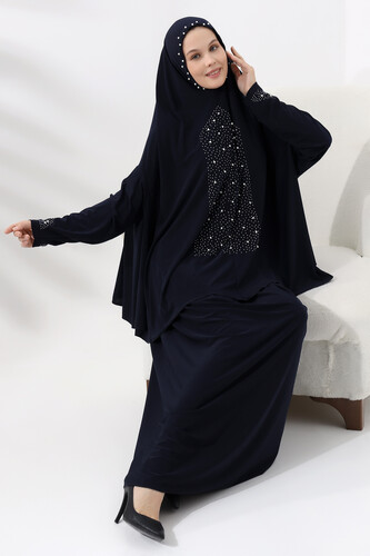 Two Piece Prayer Dress with Pearls and Stones, Top and Bottom Practical Dress 8017 Navy Blue - 5