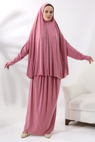 Two Piece Prayer Dress with Pearls and Stones, Top and Bottom Practical Dress 8017 Pink - 1