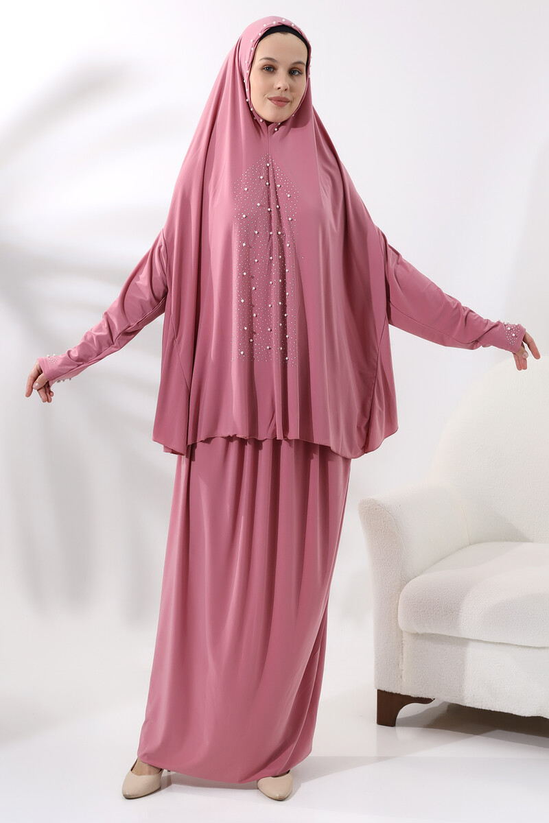 Two Piece Prayer Dress with Pearls and Stones, Top and Bottom Practical Dress 8017 Pink - 1