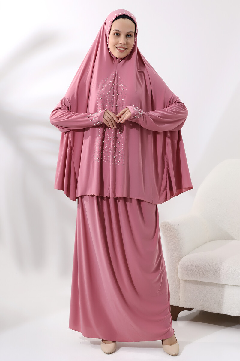 Two Piece Prayer Dress with Pearls and Stones, Top and Bottom Practical Dress 8017 Pink - 2