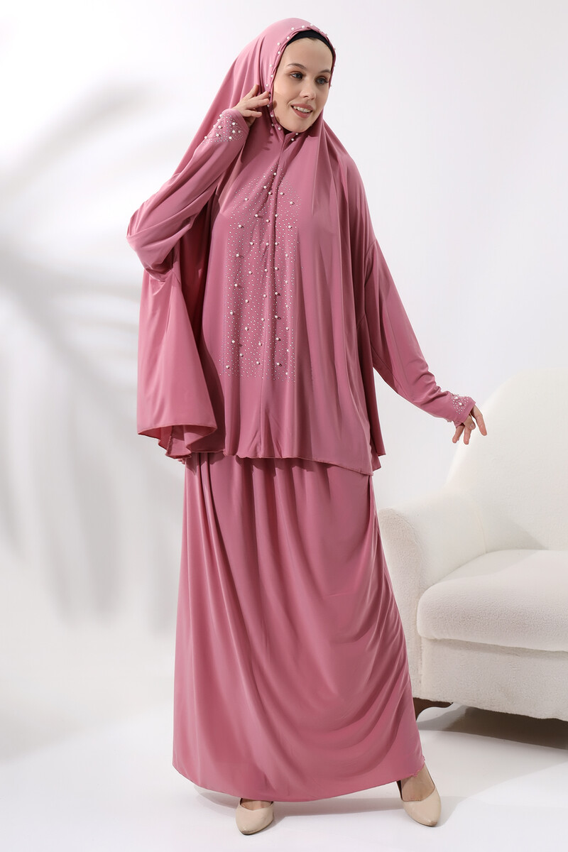 Two Piece Prayer Dress with Pearls and Stones, Top and Bottom Practical Dress 8017 Pink - 3