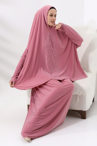 Two Piece Prayer Dress with Pearls and Stones, Top and Bottom Practical Dress 8017 Pink - 5