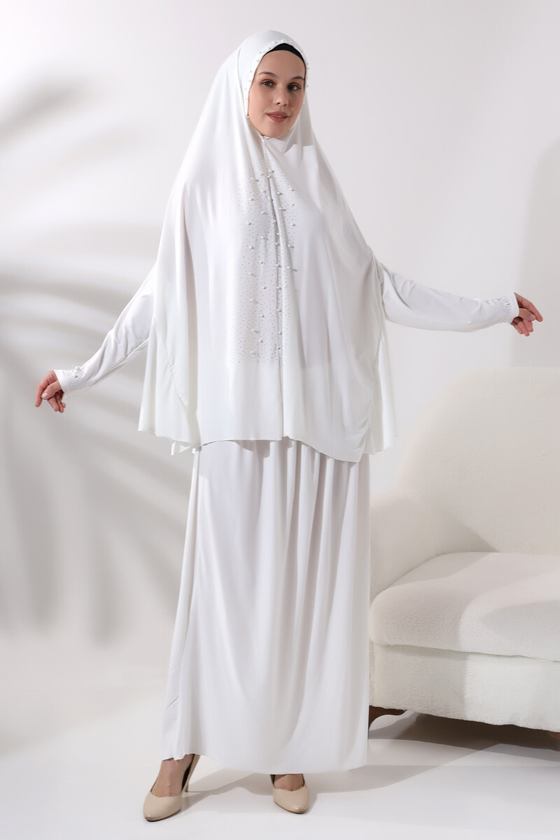 Two Piece Prayer Dress with Pearls and Stones, Top and Bottom Practical Dress 8017 White - 1