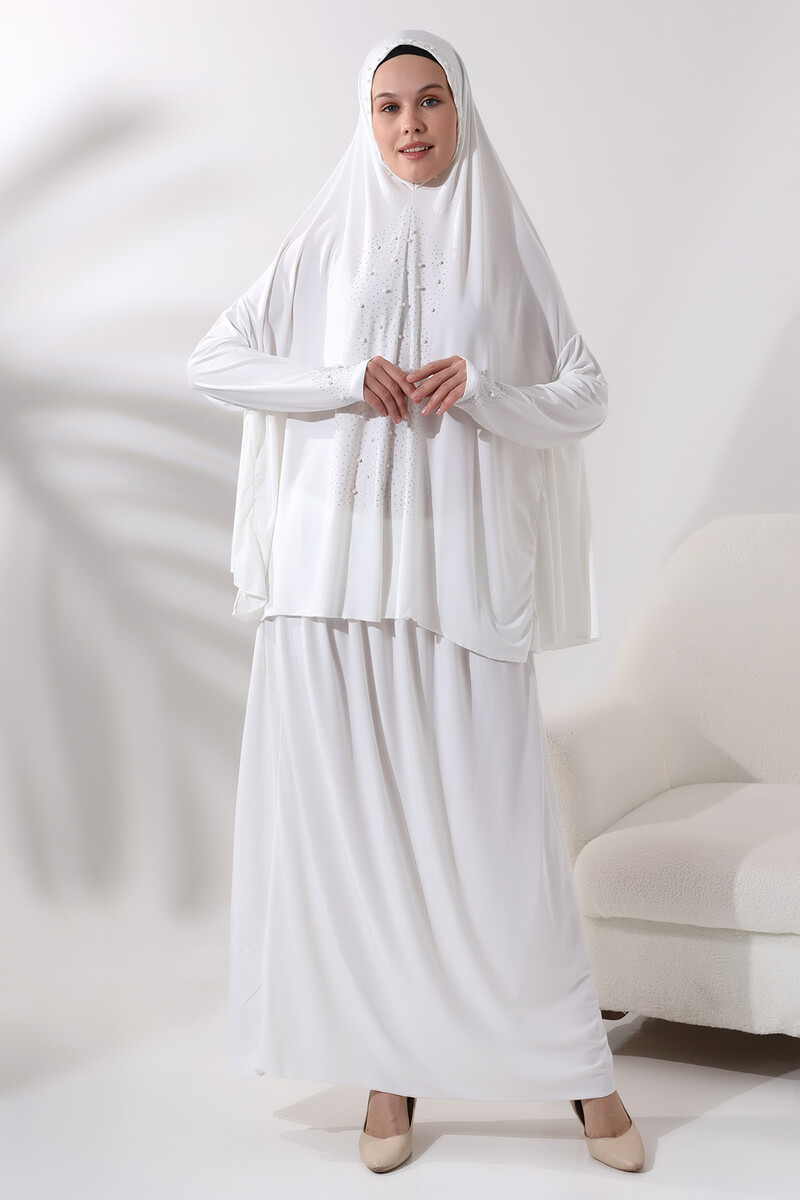 Two Piece Prayer Dress with Pearls and Stones, Top and Bottom Practical Dress 8017 White - 2