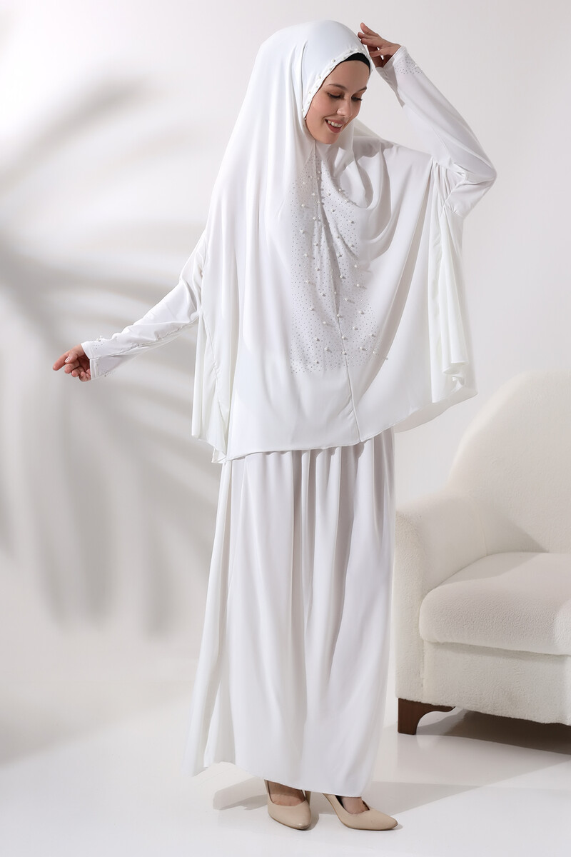 Two Piece Prayer Dress with Pearls and Stones, Top and Bottom Practical Dress 8017 White - 3