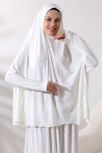 Two Piece Prayer Dress with Pearls and Stones, Top and Bottom Practical Dress 8017 White - 4